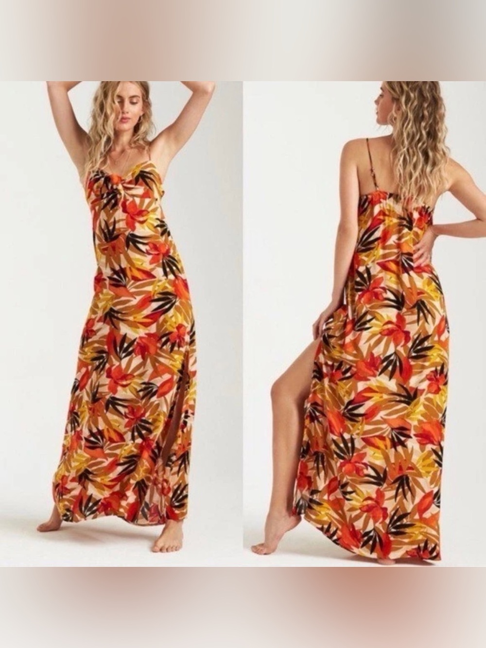 Billabong Sweet Kiss Twist It Maxi Tropical Floral Cami Slit Slip Dress Medium